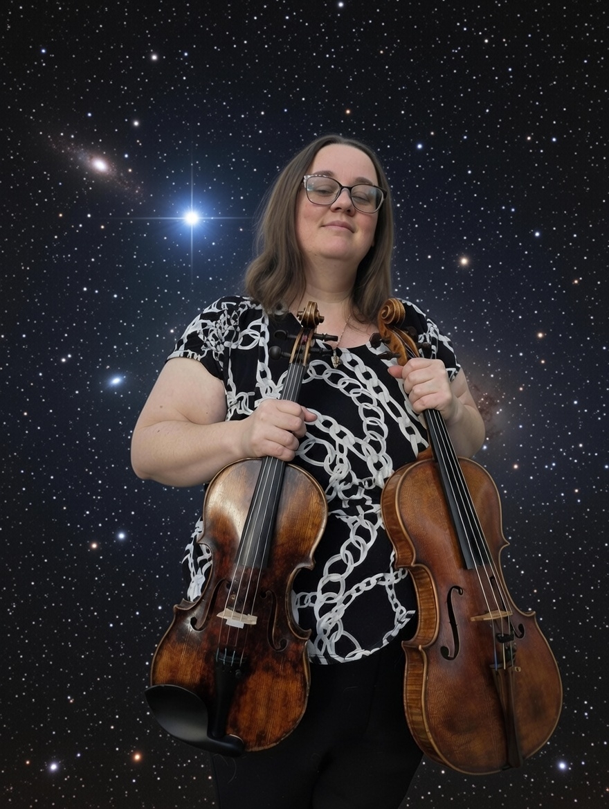 Kate holding violin and viola against a starfield
